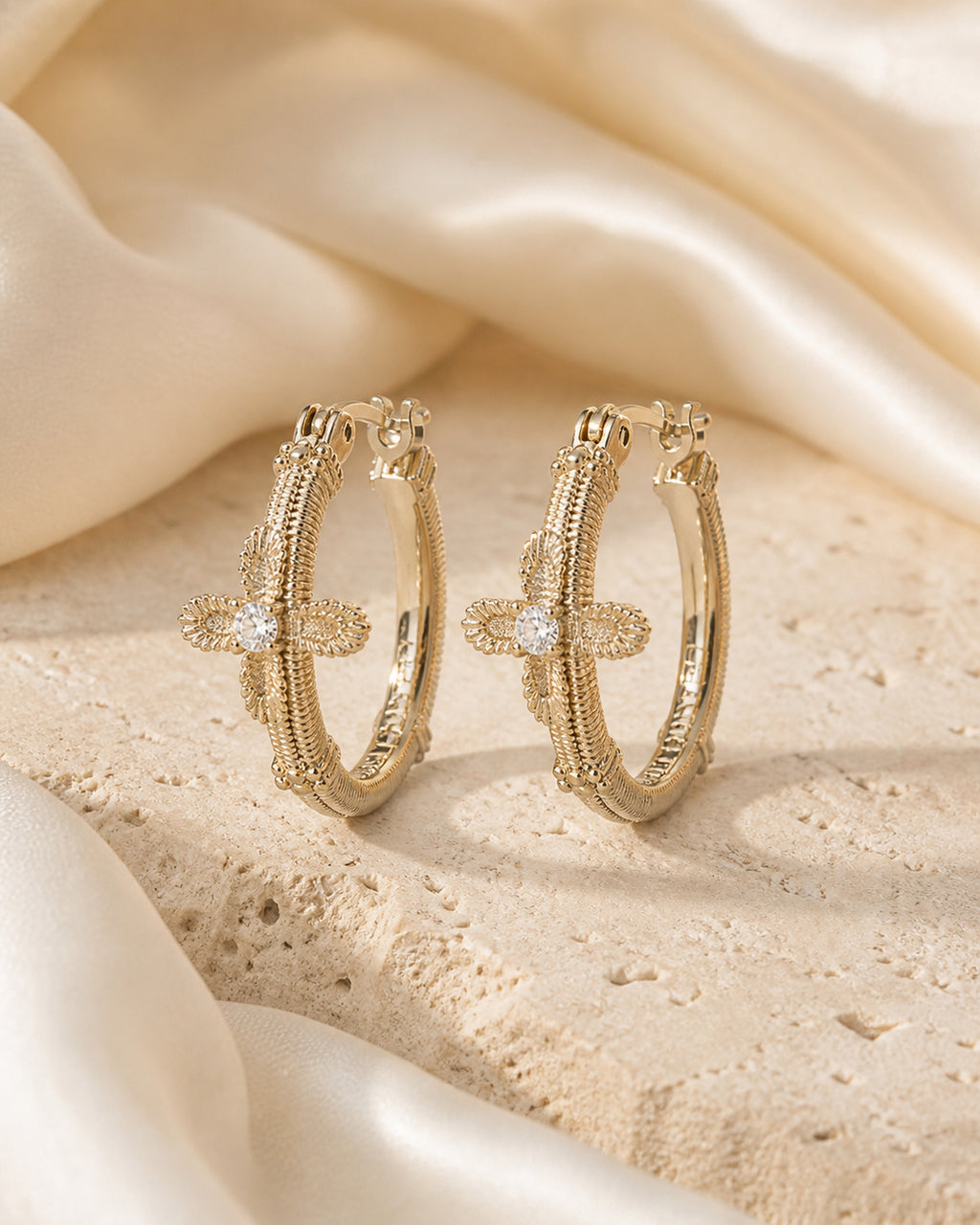 Dear Luma Sunlit Lace Cross Orbit Hoop Earrings view 1