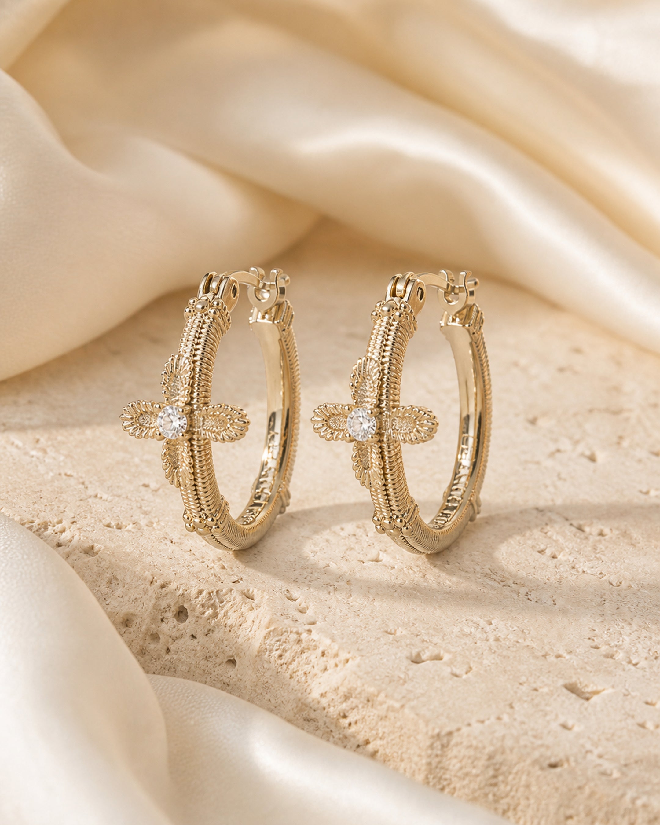 Dear Luma Sunlit Lace Cross Orbit Hoop Earrings view 1