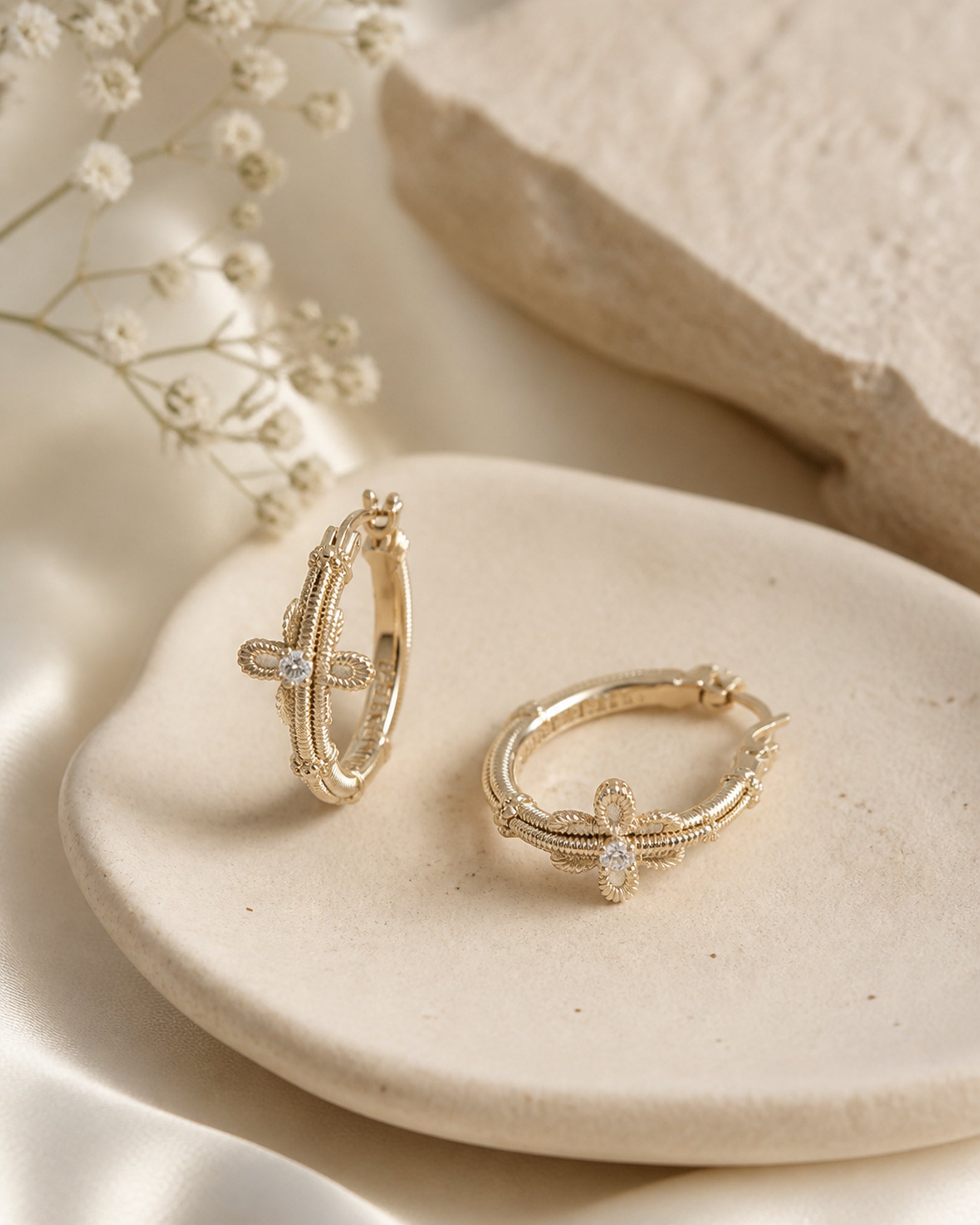 Dear Luma Sunlit Lace Cross Orbit Hoop Earrings view 2