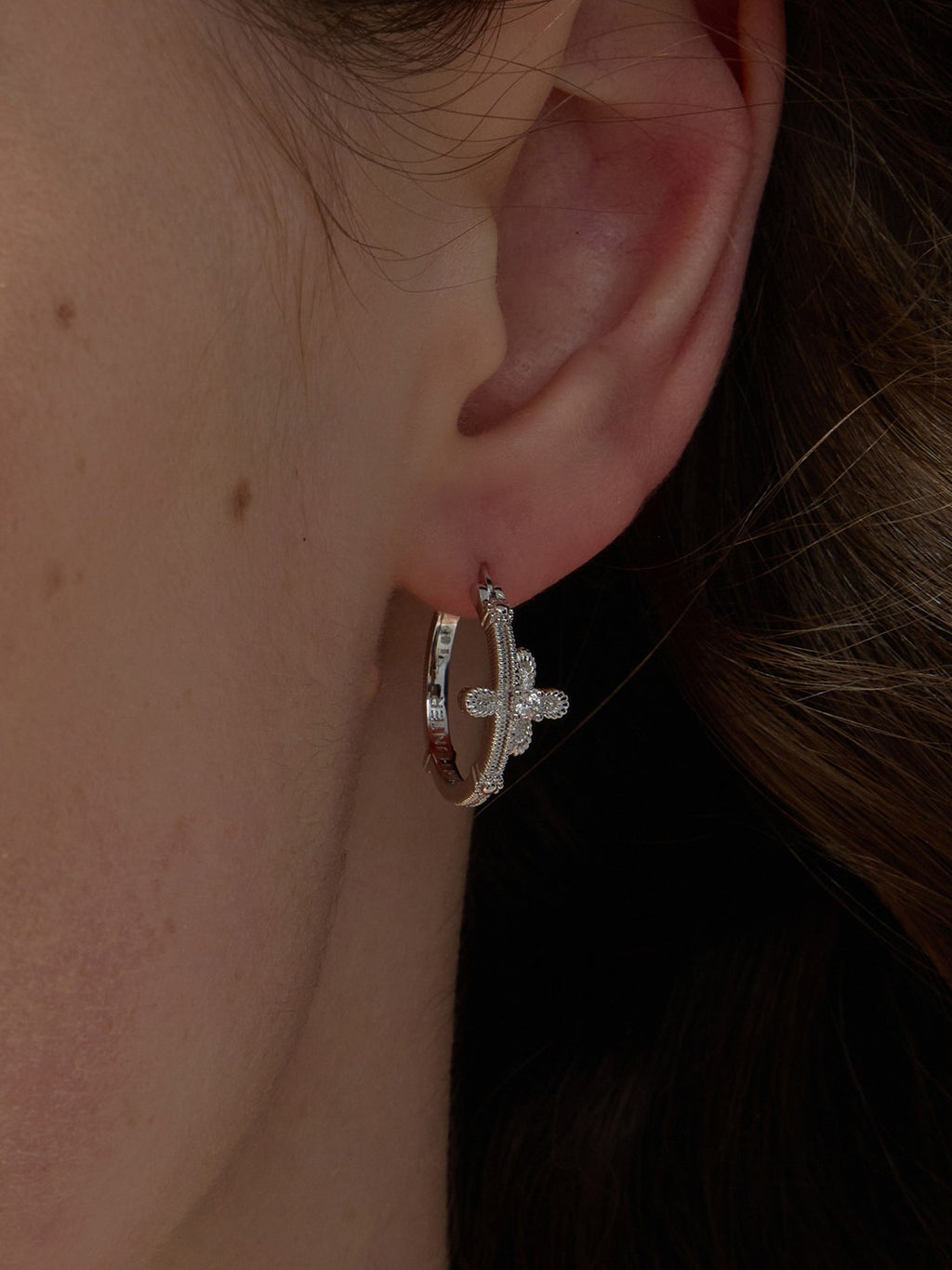 Dear Luma Sunlit Lace Cross Orbit Hoop Earrings view 10