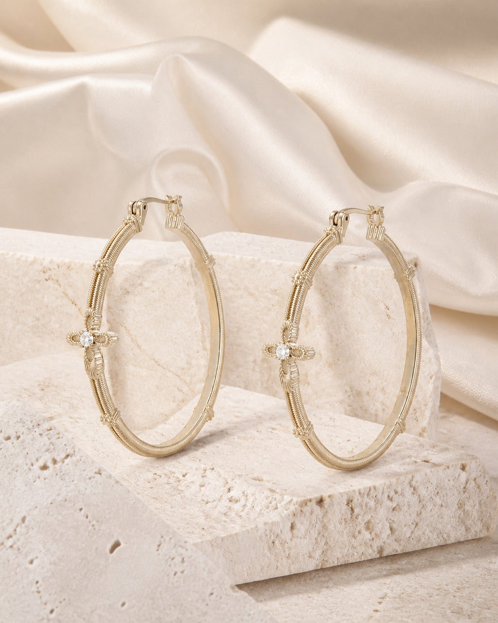 Dear Luma Sunlit Lace Cross Grand Hoop Earrings view 1