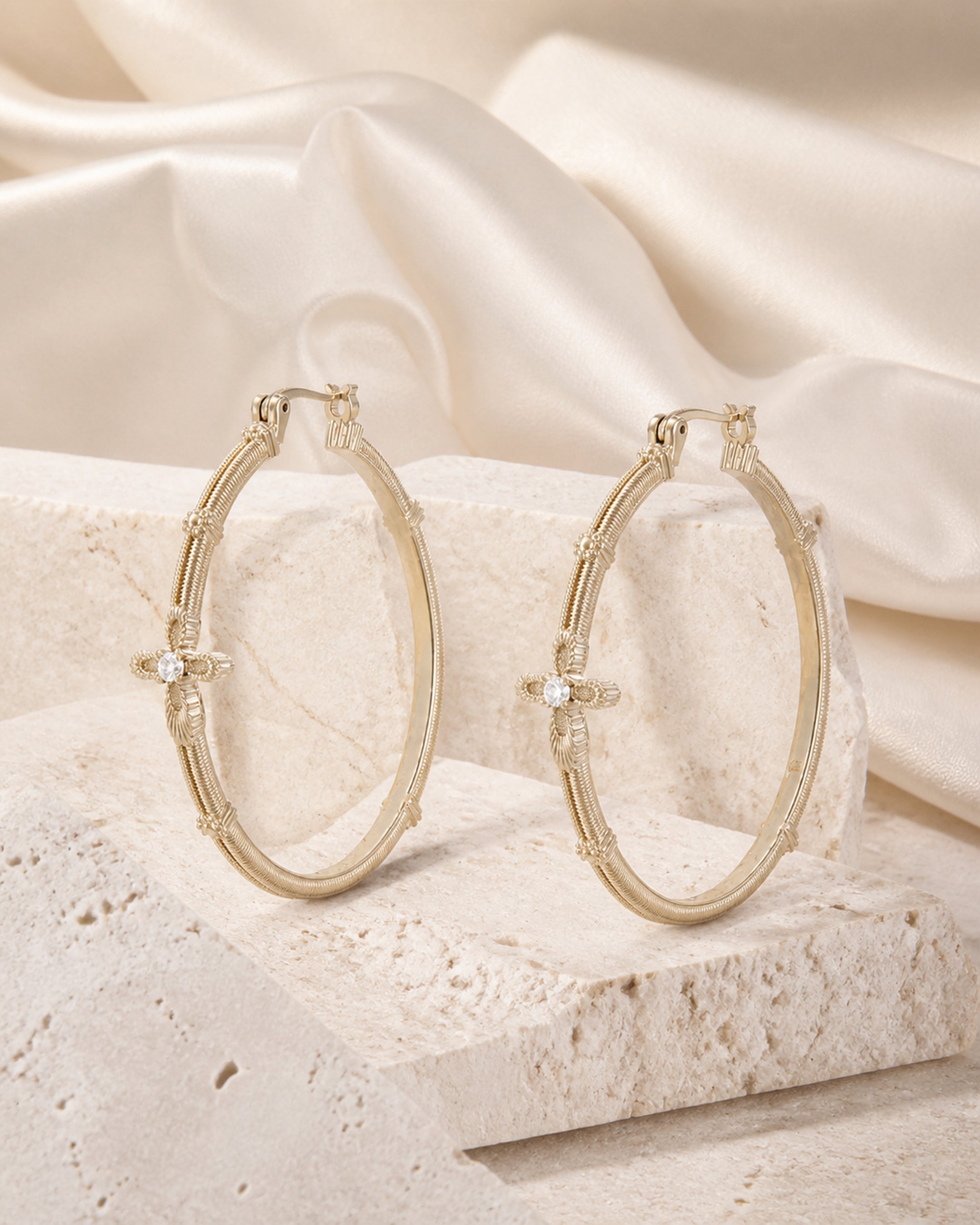 Dear Luma Sunlit Lace Cross Grand Hoop Earrings view 1