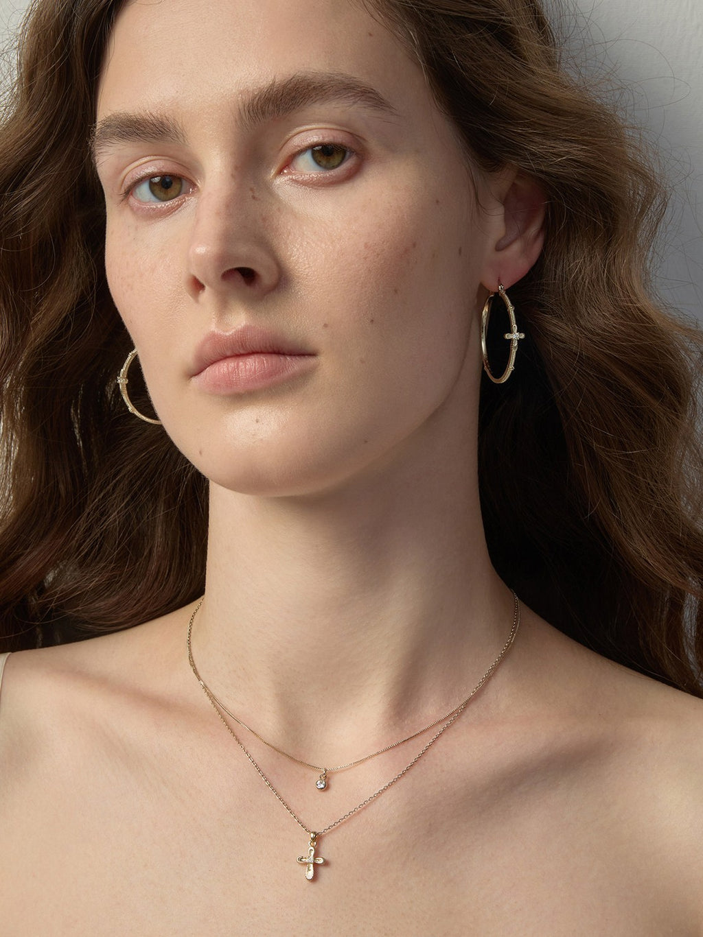 Dear Luma Sunlit Lace Cross Grand Hoop Earrings view 3