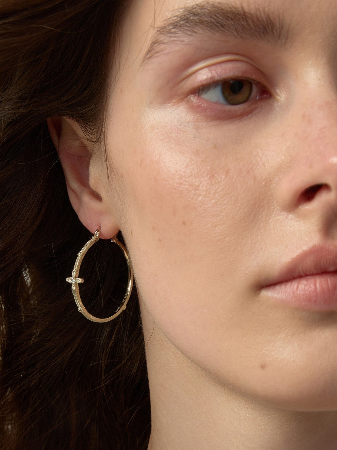 Dear Luma Sunlit Lace Cross Grand Hoop Earrings view 5