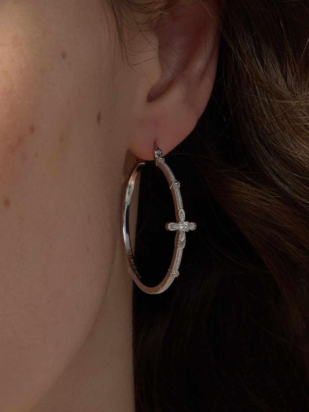Dear Luma Sunlit Lace Cross Grand Hoop Earrings view 8