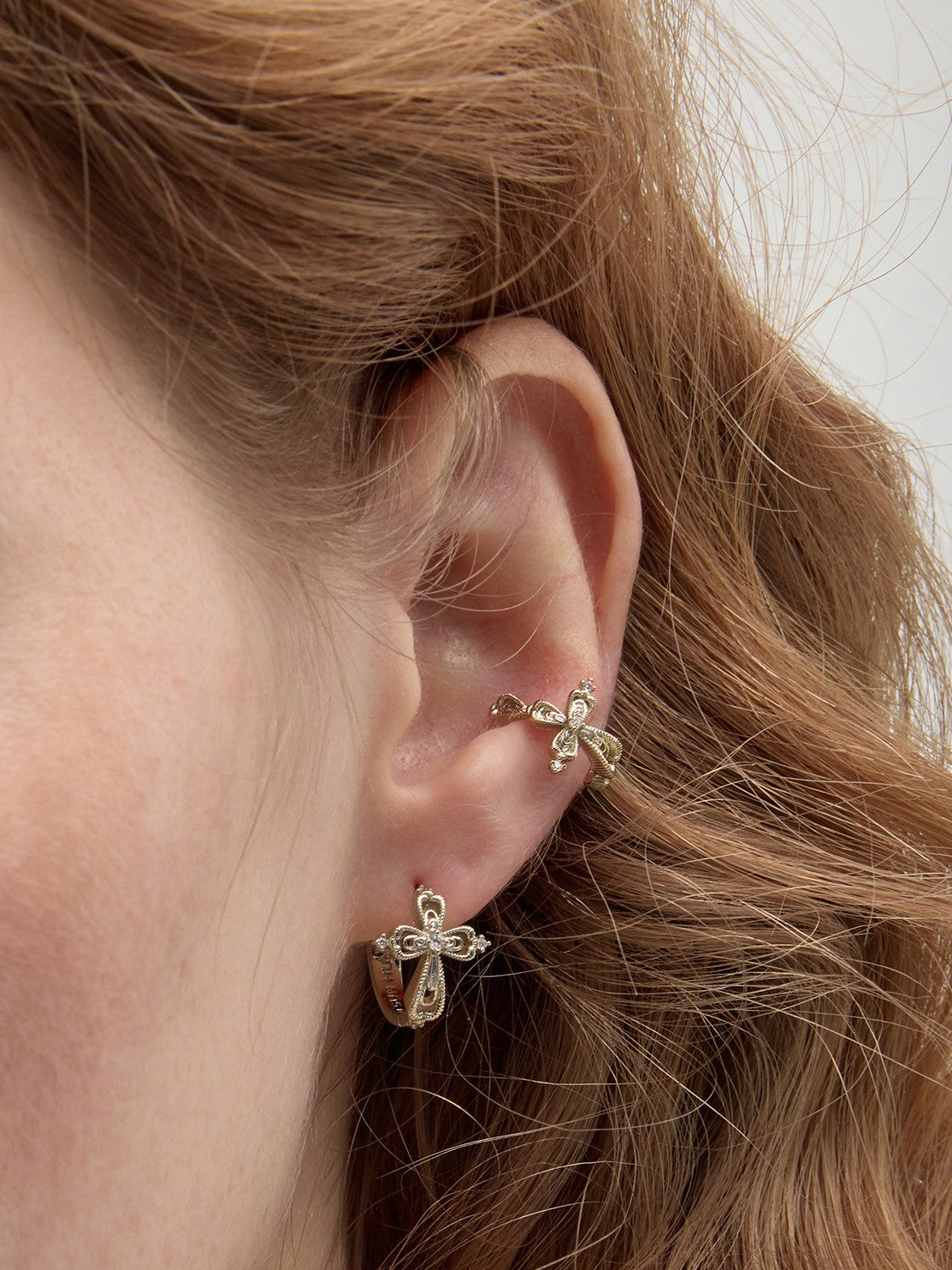 Dear Luma Sunlit Lace Cross Mini Huggie Earrings view 2