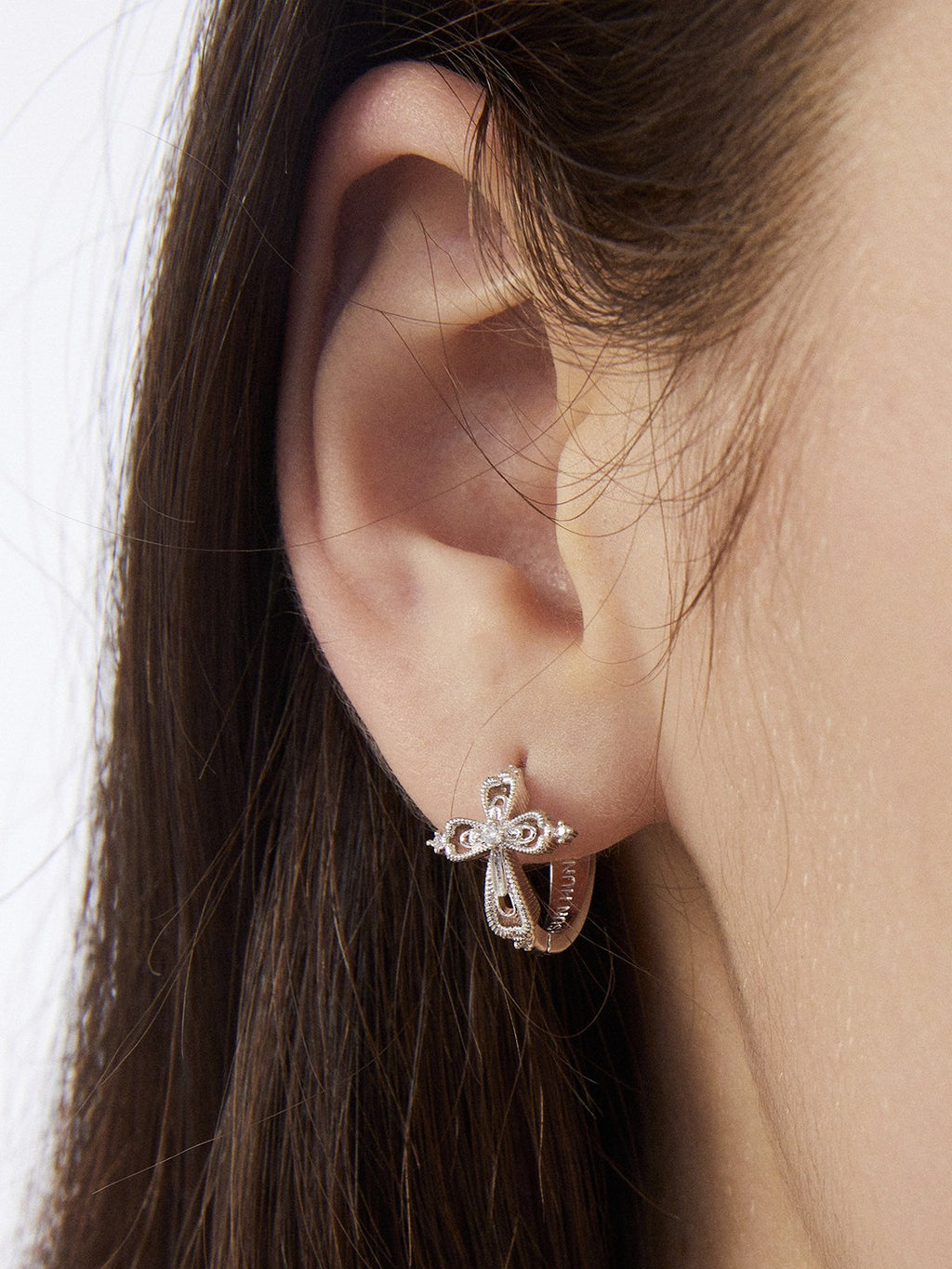 Dear Luma Sunlit Lace Cross Mini Huggie Earrings view 5