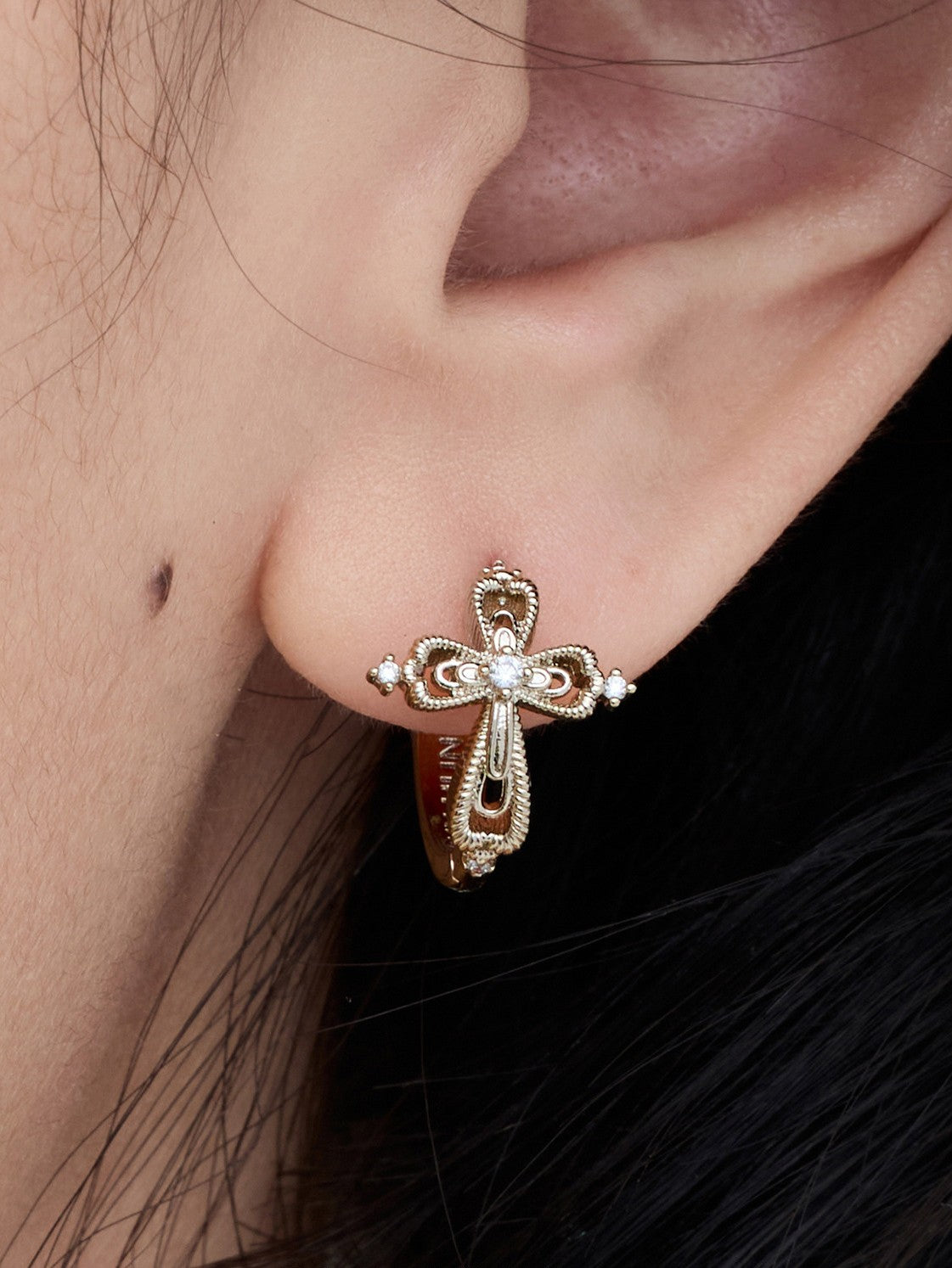 Dear Luma Sunlit Lace Cross Mini Huggie Earrings view 6