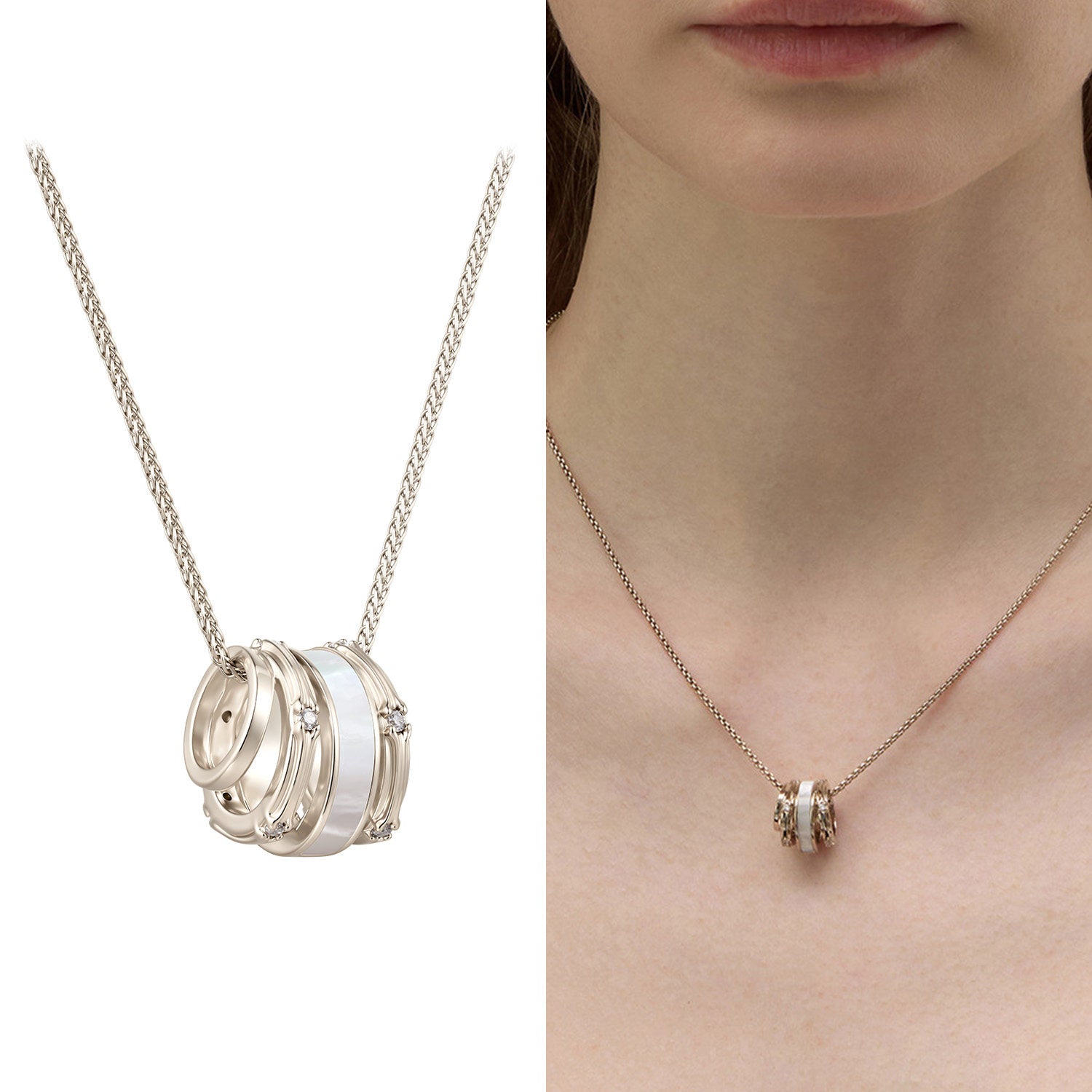 Dear Luma N008 mother-of-pearl iris pendant necklace product and wearing view