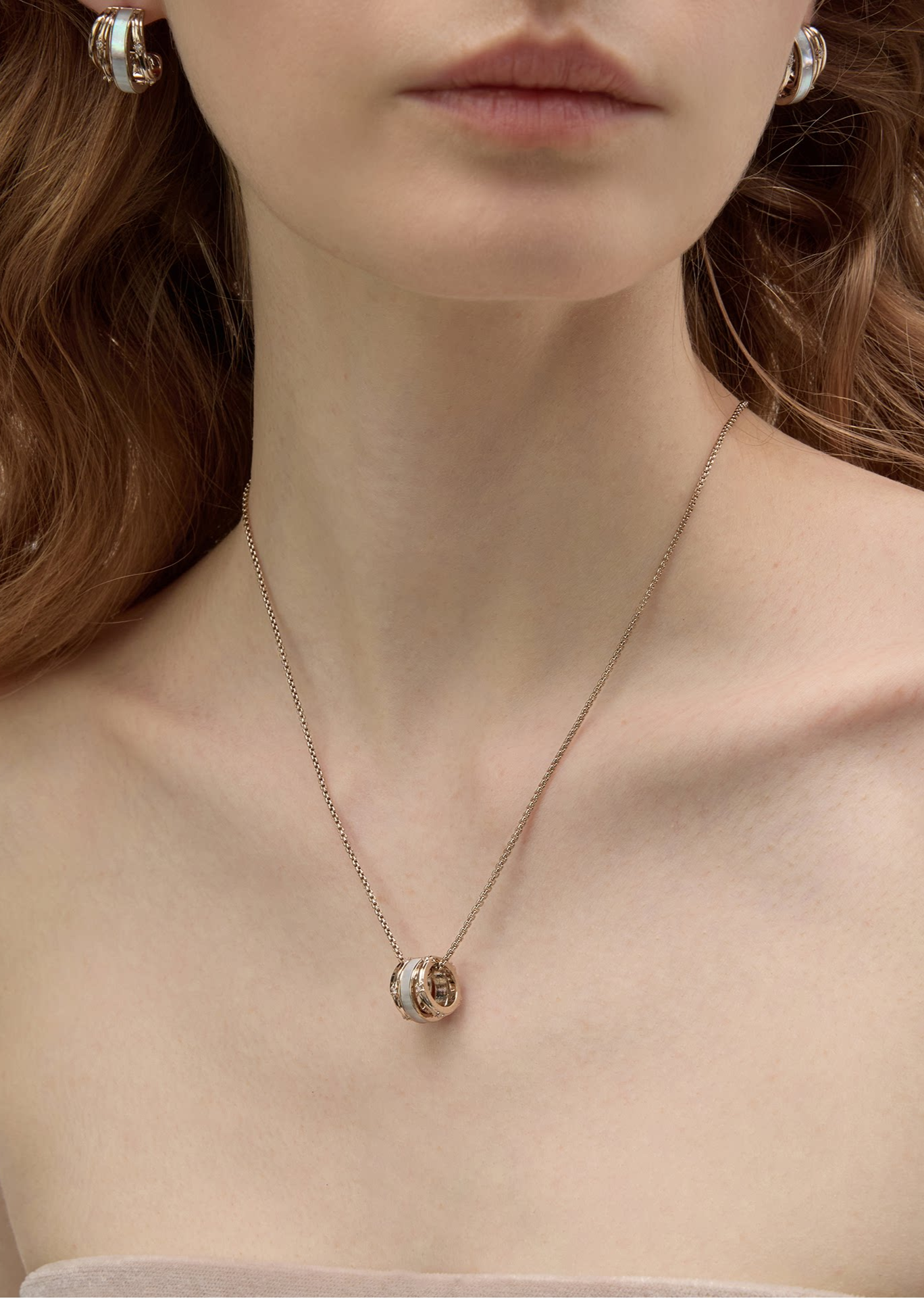 Dear Luma N008 mother-of-pearl iris pendant necklace styled on model