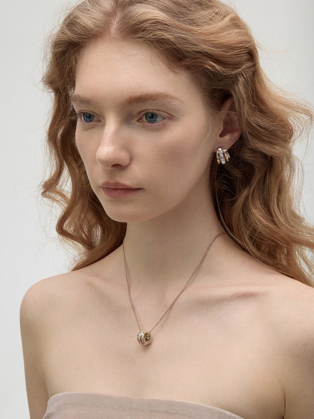 Dear Luma N008 mother-of-pearl iris pendant necklace portrait styling