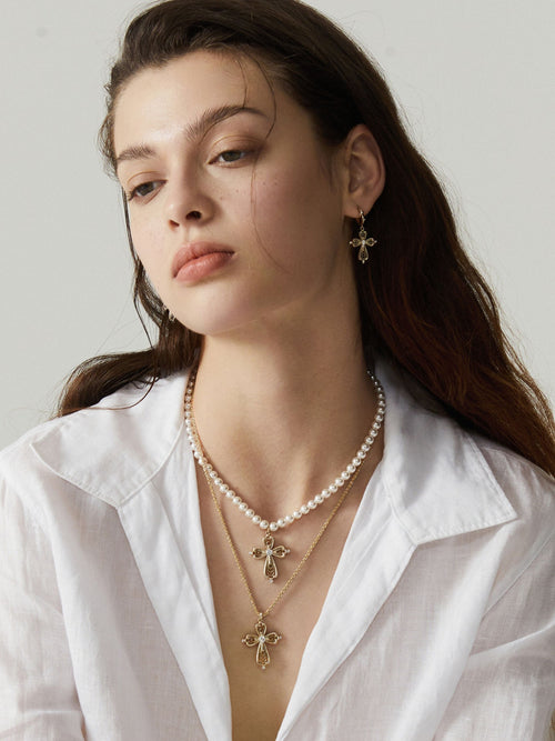 Dear Luma N011 large lace cross long necklace layered model image