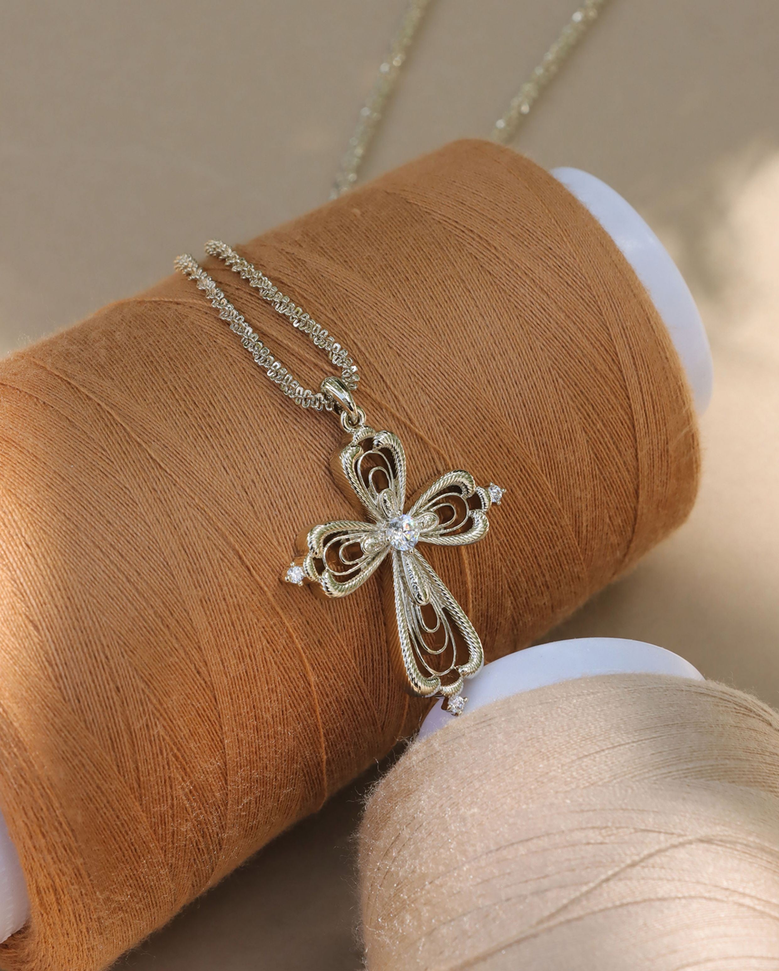 Dear Luma N011 large lace cross long necklace spool detail