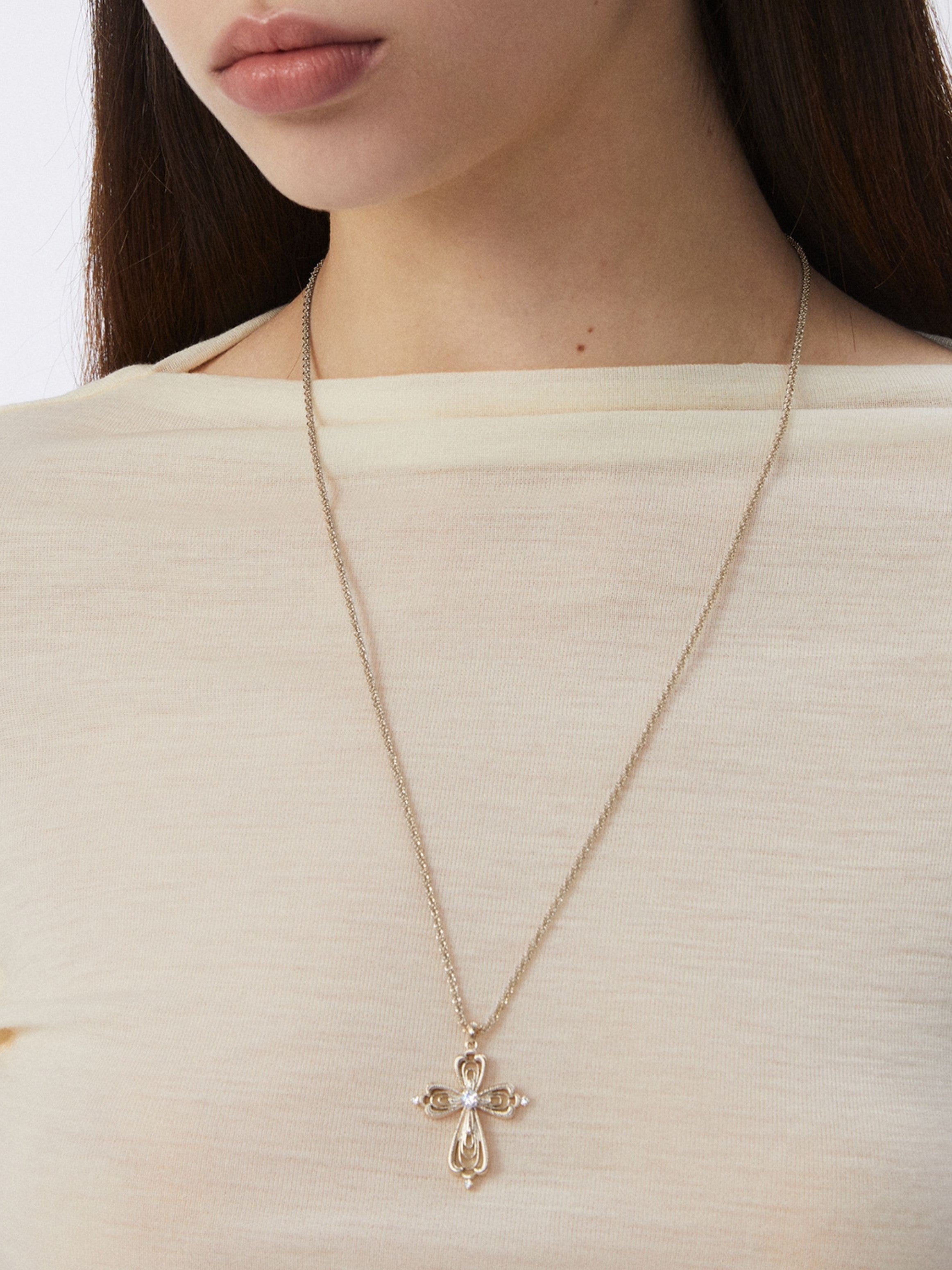 Dear Luma N011 large lace cross long necklace model wearing image