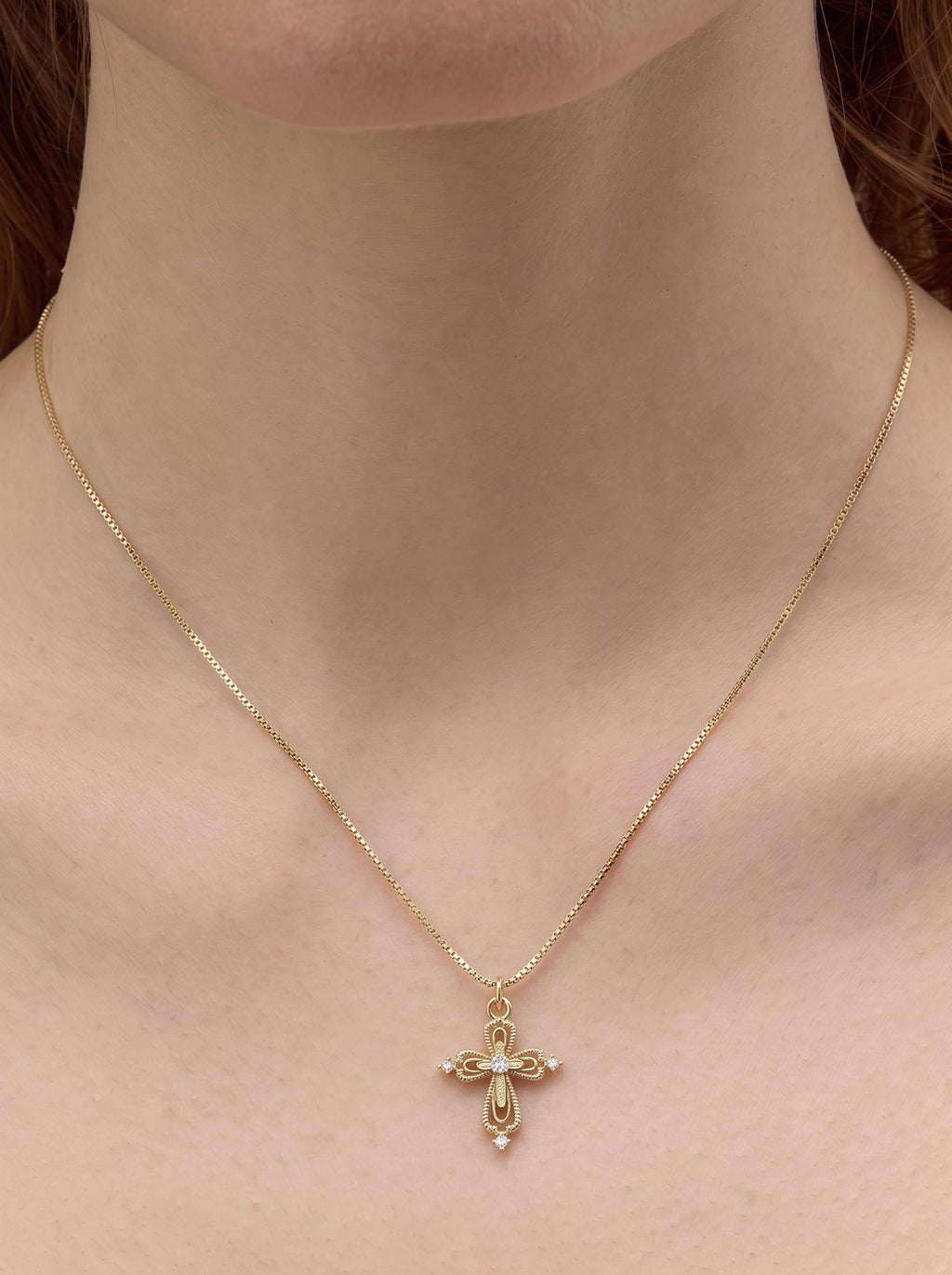 Dear Luma N013 lace cross necklace model closeup