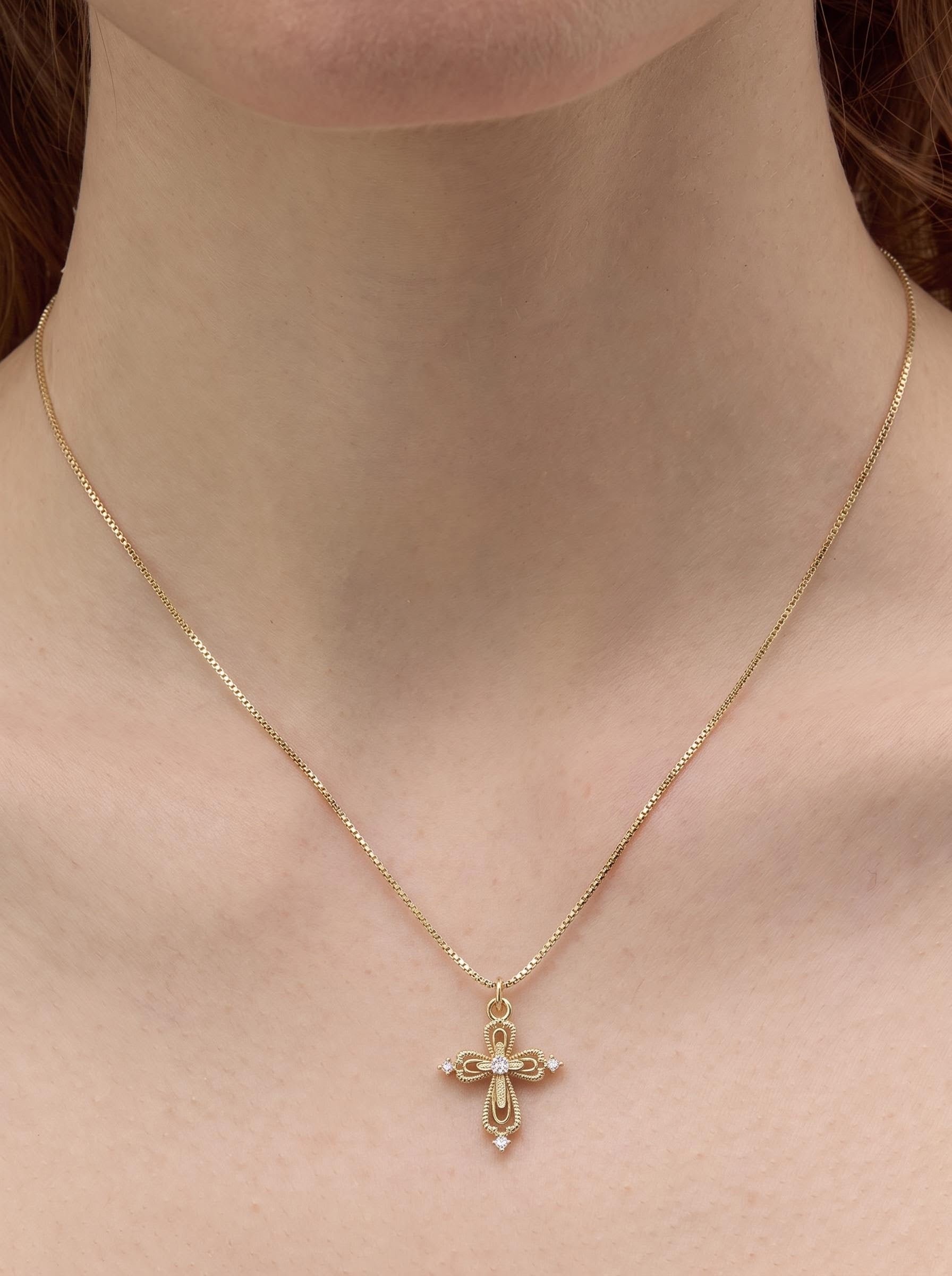 Dear Luma N013 lace cross necklace model closeup