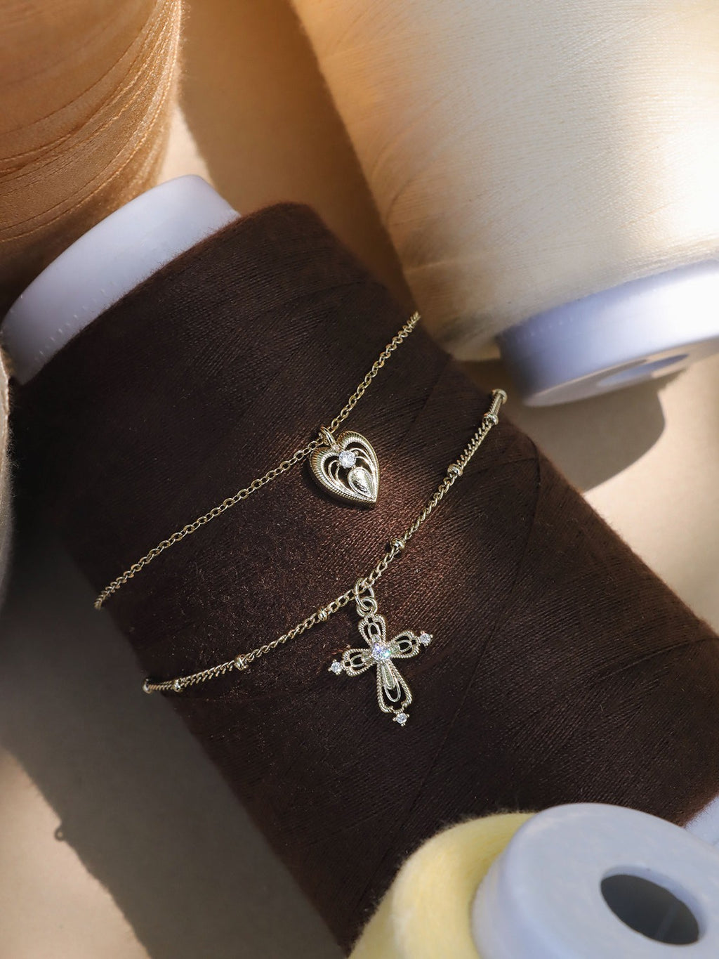 Dear Luma N014 cross and heart double layer necklace product display