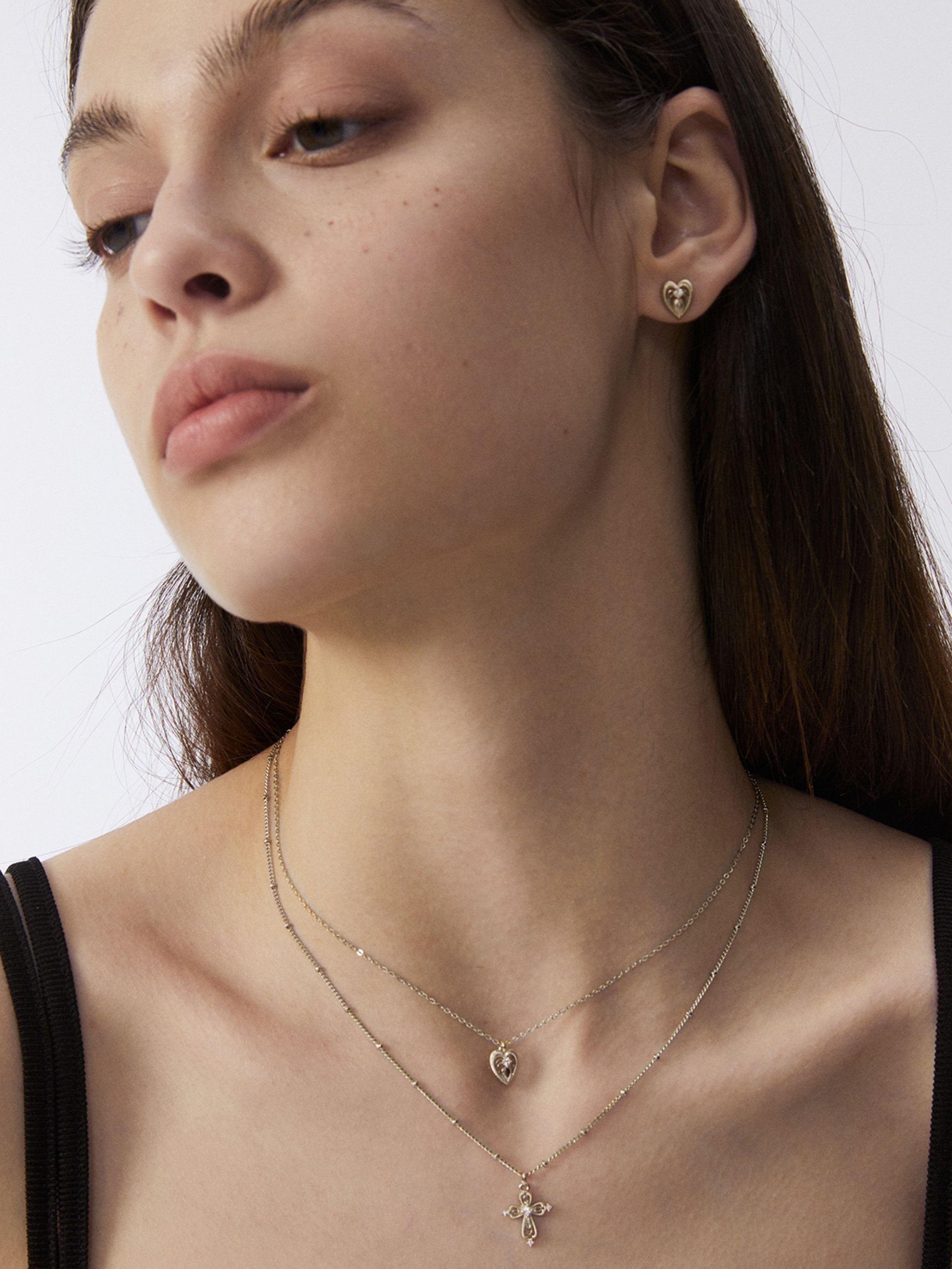 Dear Luma N014 cross and heart double layer necklace wearing detail