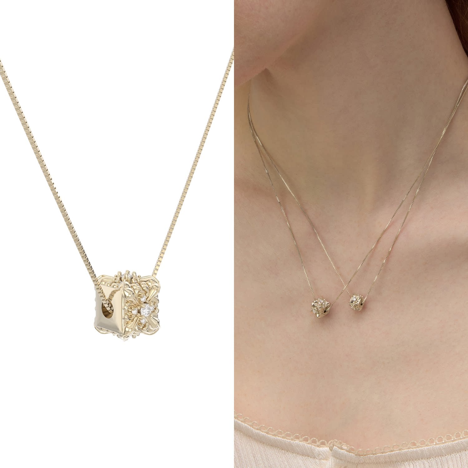Dear Luma N017 gold iris cube necklace medium white background