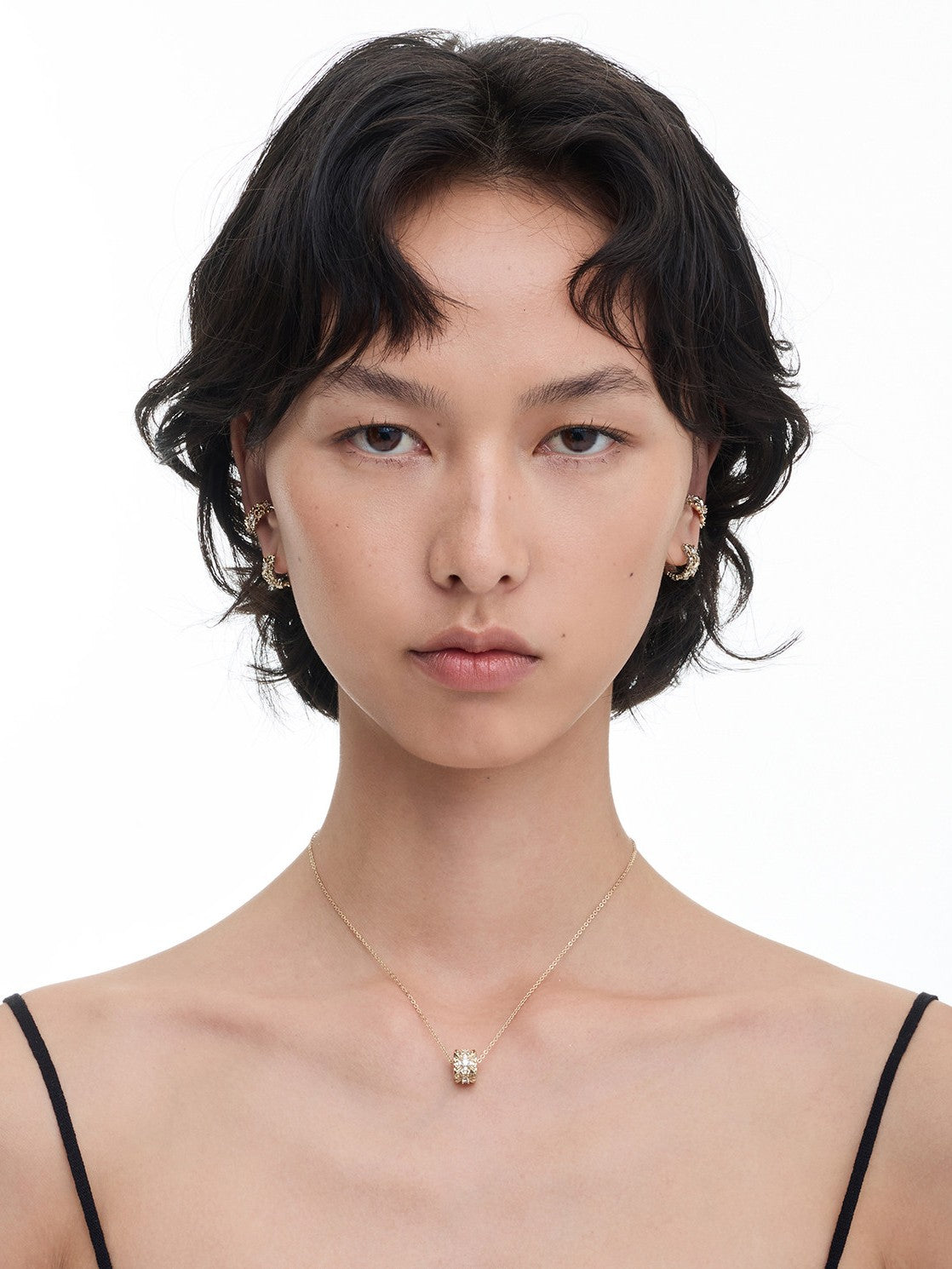 Dear Luma N017 gold iris cube necklace model front
