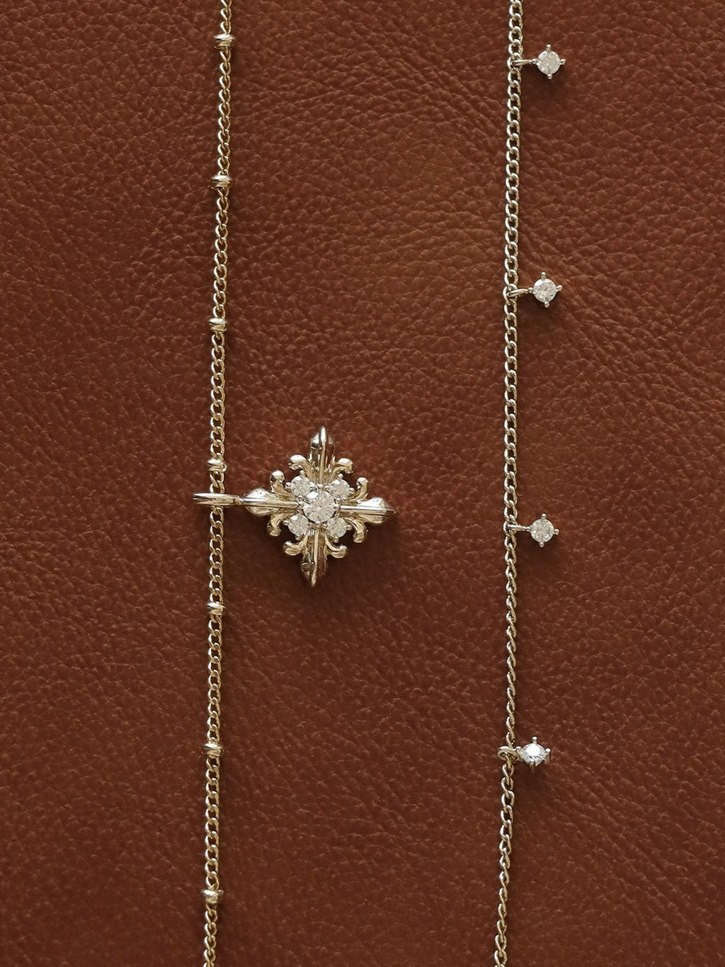 Dear Luma N022 gold iris layered necklace detail on brown surface