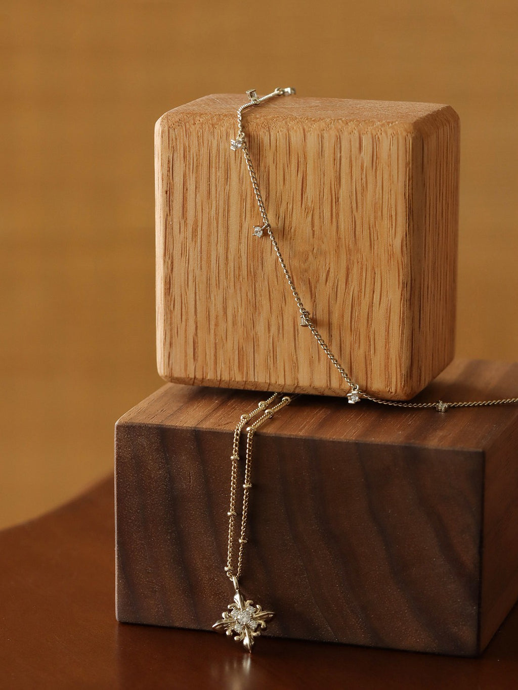 Dear Luma N022 gold iris layered necklace atmosphere on wood