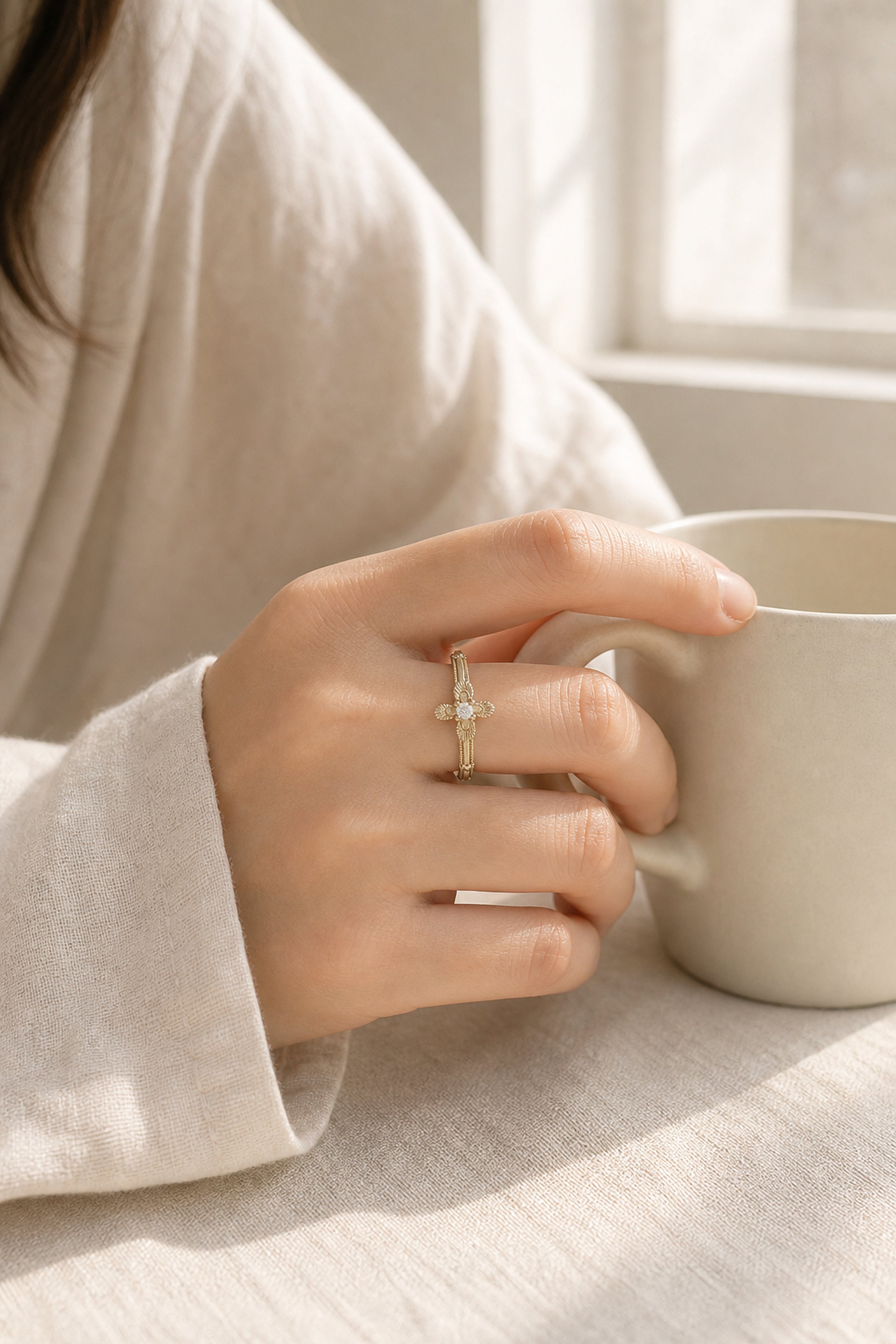 Dear Luma R004 gold lace cross open ring lifestyle image